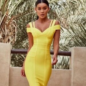 House Of CB London Neon Yellow Bodycon Bandage Cocktail Dress Size XS